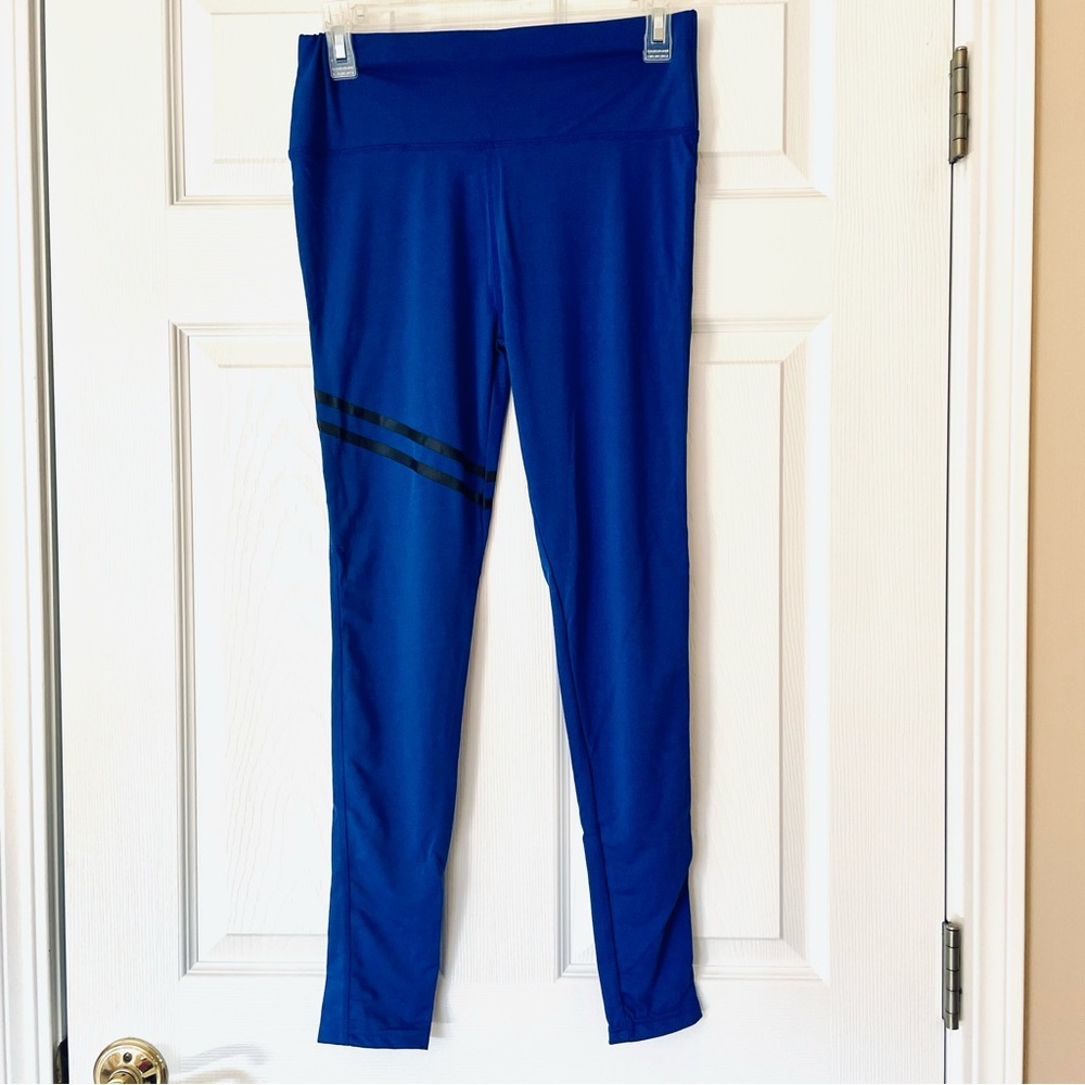 High Waisted Deep Blue Training Leggings Black Double Stripe Athletic Fit